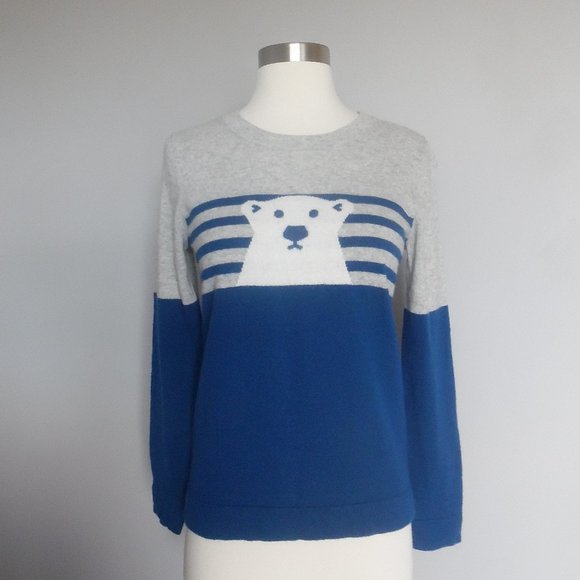 J. Crew Intarsia Polar Bear Wool Blend Striped Blue Pullover Sweater E4916 - Picture 2 of 9
